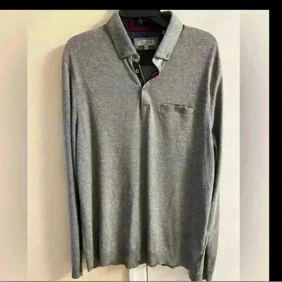 Ted Baker men’s polo top long sleeves heather grey knit one side pocket. Large - Picture 1 of 8
